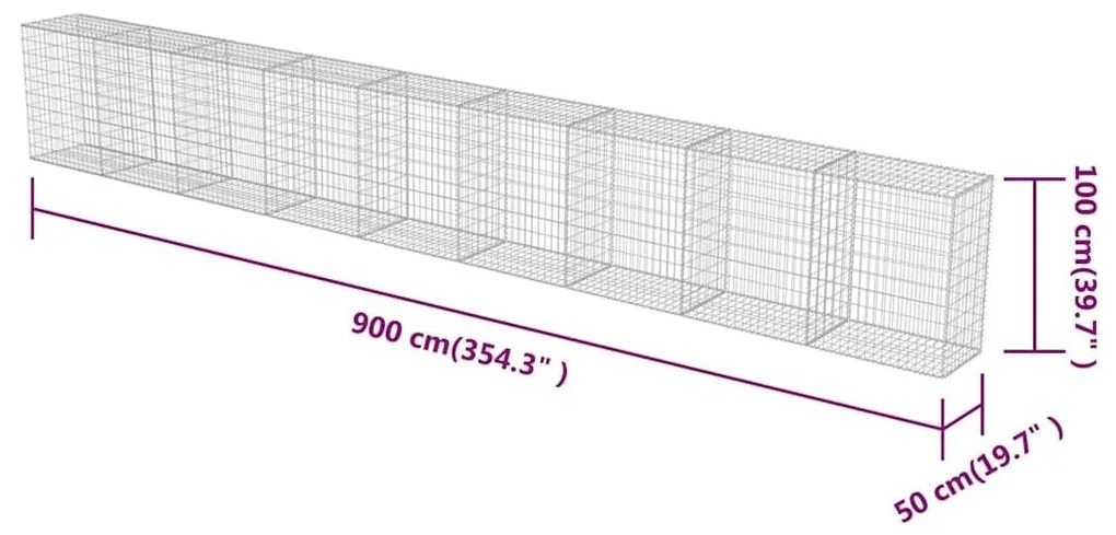 Συρματοκιβώτιο Τοίχος 900x50x100 εκ. Γαλβαν.Χάλυβας + Καλύμματα - Ασήμι