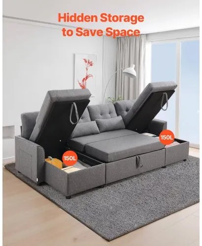 VEVOR U Shaped Sofa Bed 6-Seat Convertible Sleeper Sofa Bed Double Chaise Gray