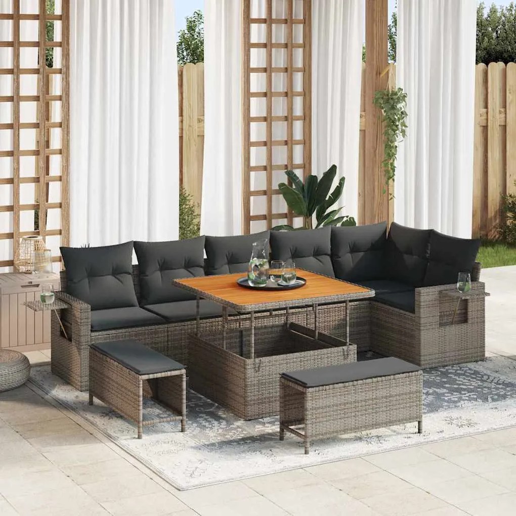 vidaXL Σετ Καναπέ Κήπου με αποθήκευση 9 pcs Γκρι Πολυ ράταν