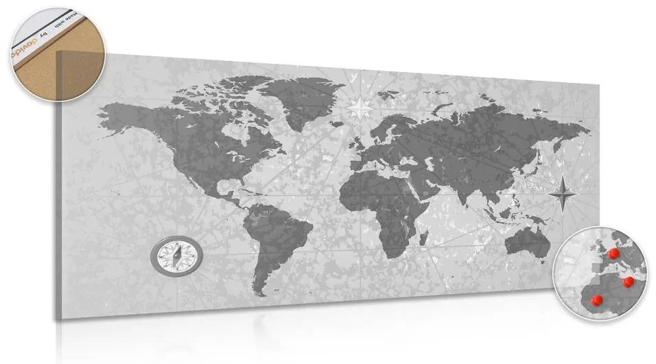 Εικόνα στον παγκόσμιο χάρτη από φελλό με πυξίδα σε στυλ ρετρό σε ασπρόμαυρο σχέδιο - 100x50  place