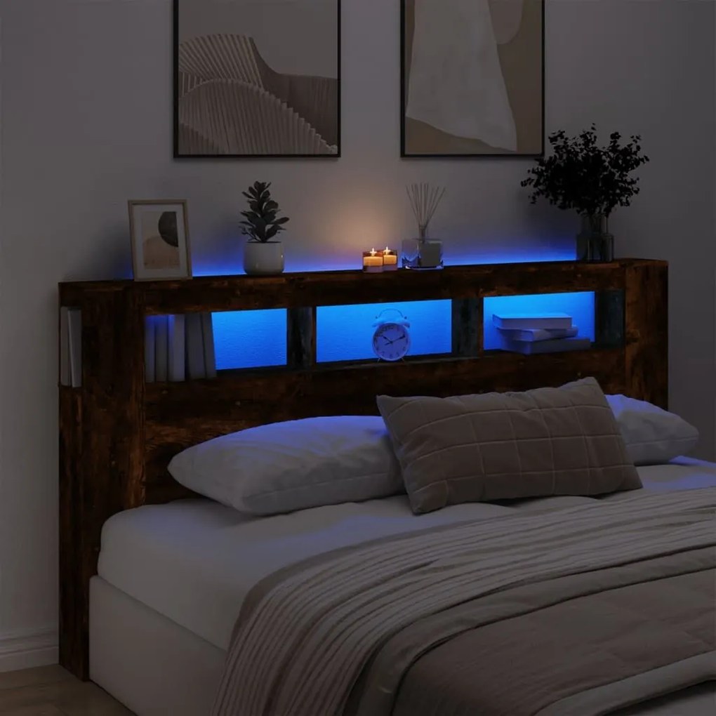 Κεφαλάρι Κρεβατιού με LED Καπνιστή Δρυς 200x18,5x103,5 εκ - Καφέ