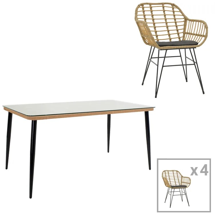 Τραπεζαρία Naoki Χ σετ 5τεμ pakoworld rattan pe σε φυσική απόχρωση και μαύρο μέταλλο 160x90x78εκ