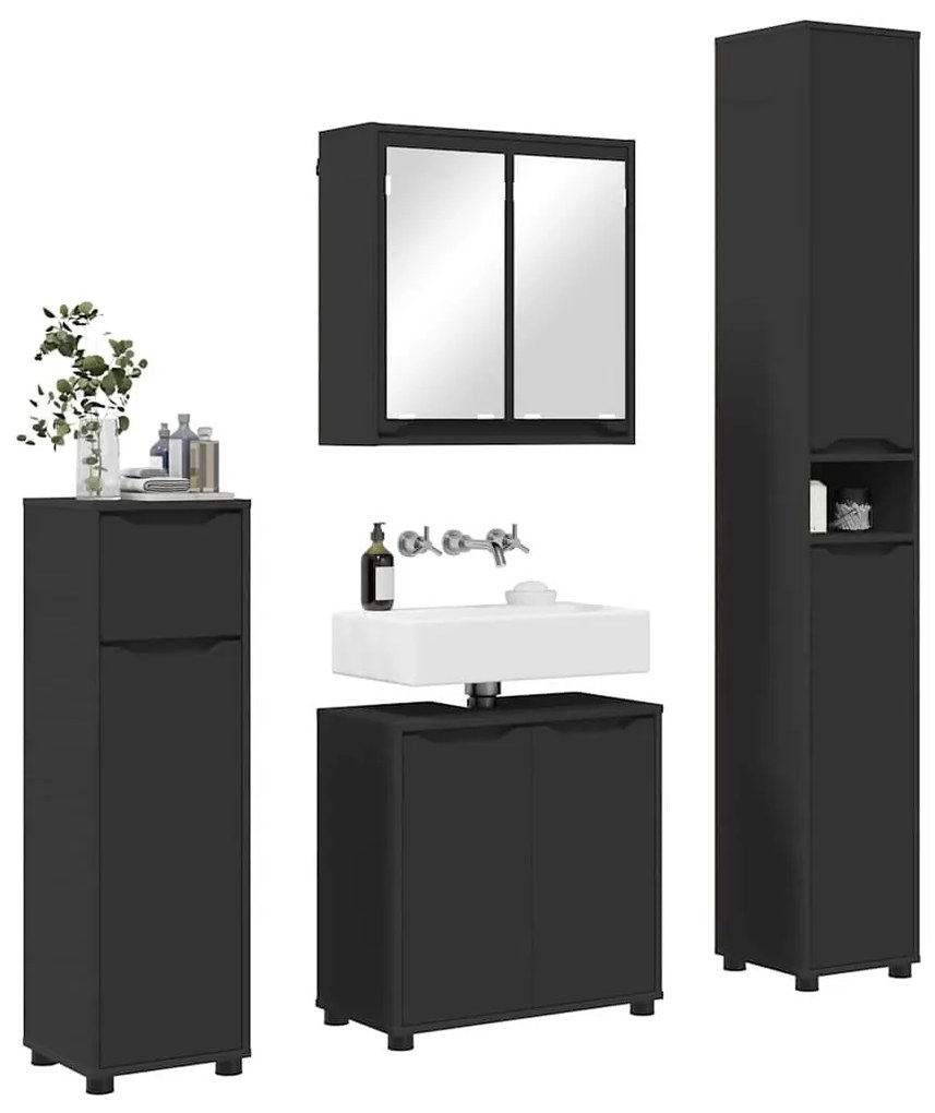 vidaXL Σετ Επίπλων Μπάνιου με συρτάρι 4 pcs Μαύρο Επεξεργασμένο ξύλο