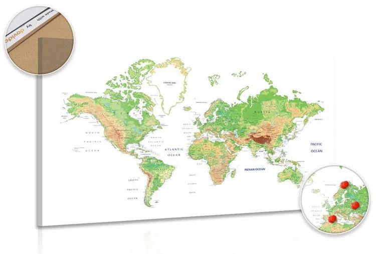 Εικόνα στον κλασικό παγκόσμιο χάρτη από φελλό με λευκό φόντο - 120x80  wooden
