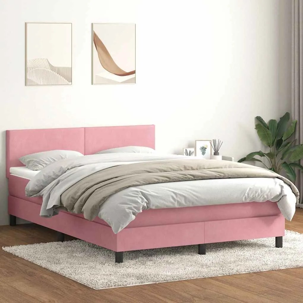 vidaXL Κρεβάτι Boxspring με Στρώμα Ροζ 140x210 εκ. Βελούδινο