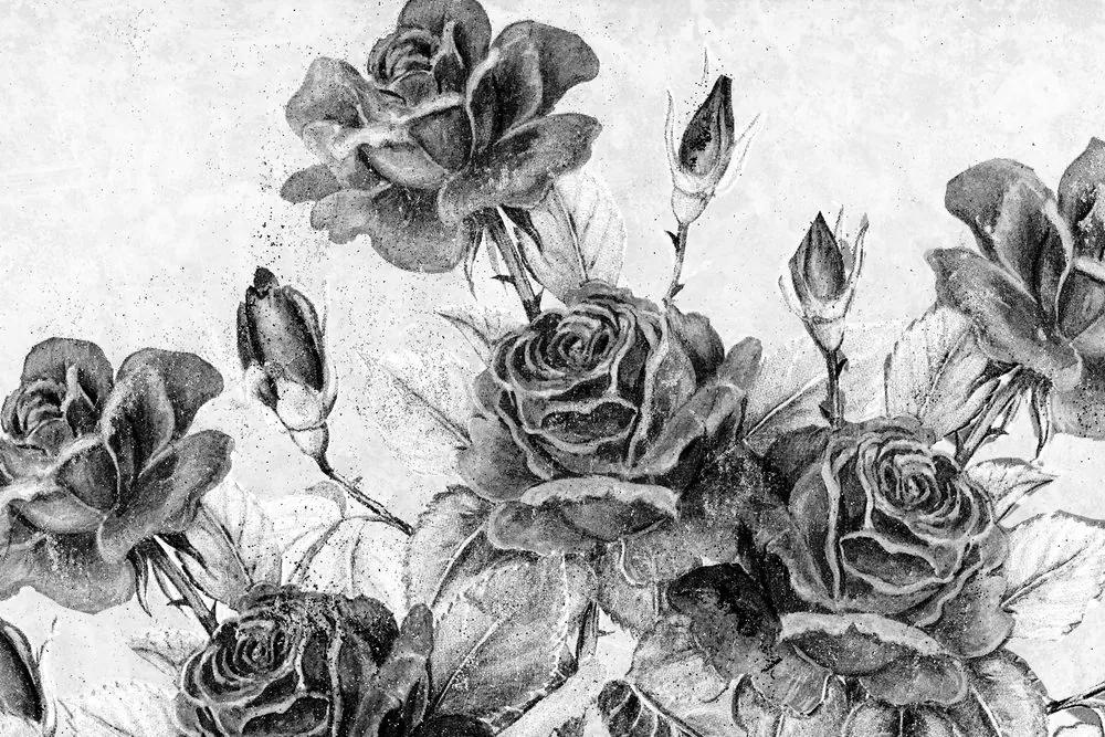 Εικόνα ενός vintage μπουκέτο τριαντάφυλλα σε μαύρο & άσπρο - 60x40
