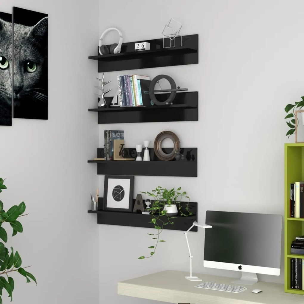 vidaXL Ραφιέρες Τοίχου 4τεμ Γυαλιστερό Μαύρο 80x11,5x18 εκ Μοριοσανίδα