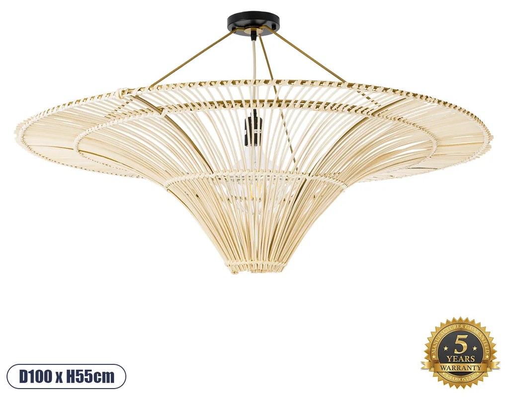 GloboStar® PALERMO 02153 Boho Φωτιστικό Οροφής Μονόφωτο 1 x E27 AC220-240V IP20 - Φ100 x Υ55cm - Μπεζ Ξύλινο Μπαμπού Πλέγμα