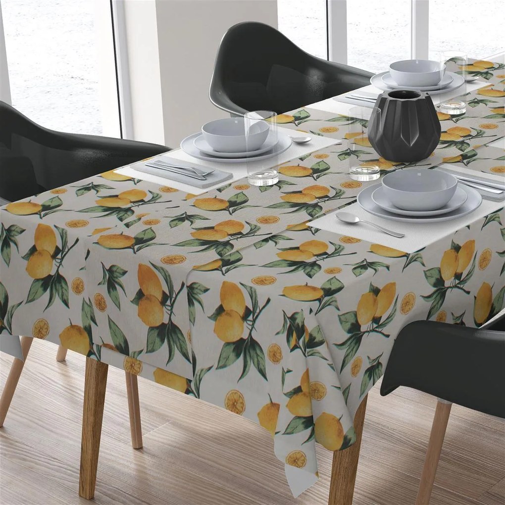 Σετ Τραπεζομάντηλο &amp; Runner Εμπριμέ Polycotton Αλέκιαστο 140x220εκ.-40x220εκ. Lemon 457 White-Yellow DimCol
