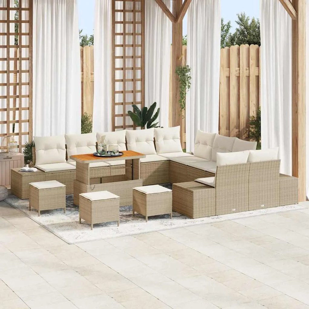 vidaXL Σετ Καναπέ Κήπου με μαξιλάρι 14 pcs Μπεζ Πολυ ράταν