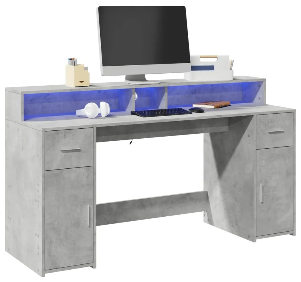 Γραφείο με LED Γκρι Σκυρόδεματος 160x55x91 εκ. Επεξεργ. Ξύλο