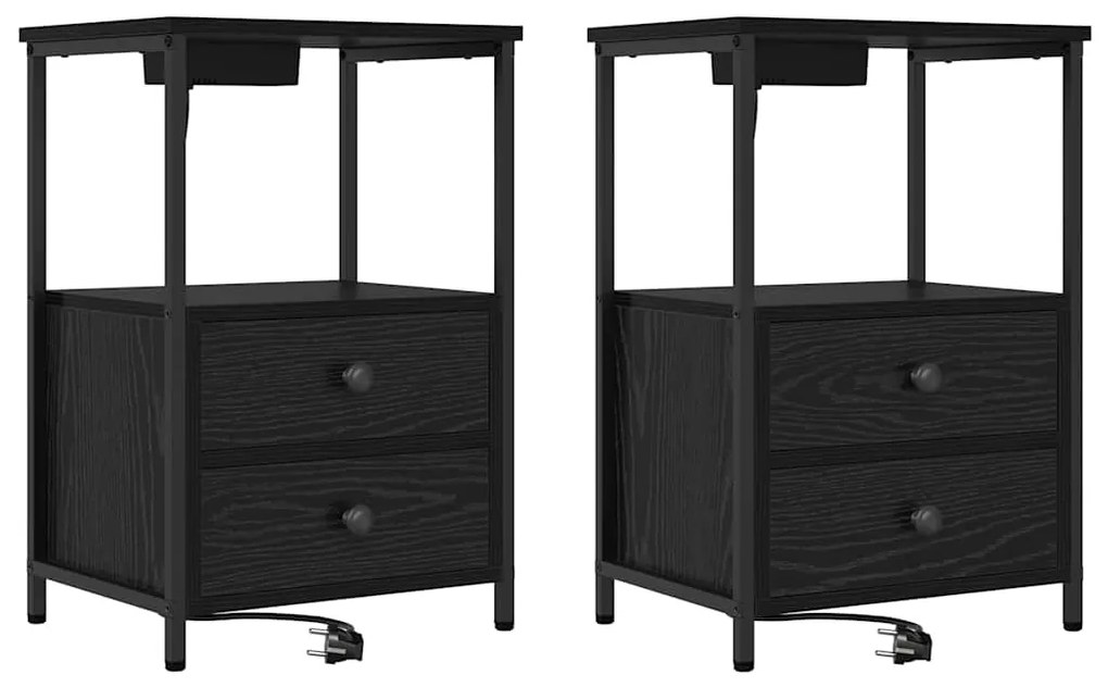 vidaXL Κομοδίνο με Σταθμό Φόρτισης 2 pcs Μαύρη δρυς Επεξεργασμένο ξύλο