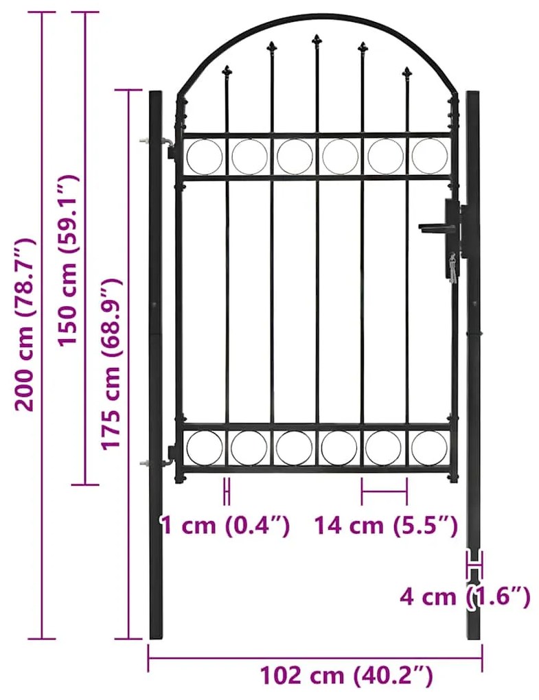 vidaXL Πόρτα Περίφραξης με Αψιδωτή Κορυφή Μαύρη από Ατσάλι 104 x 150 εκ.