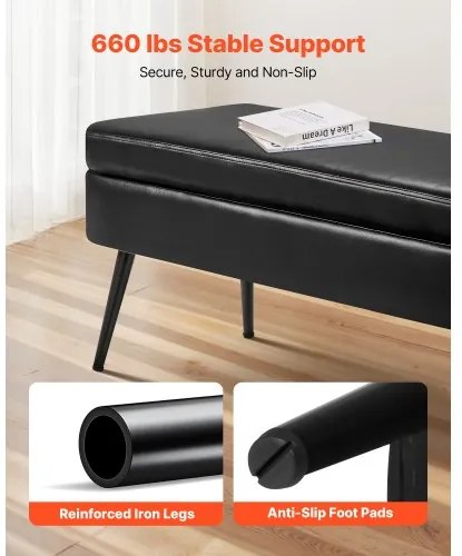 VEVOR PU Leather Storage Ottoman Bench Shoe Seat with Storage & Metal Legs Black
