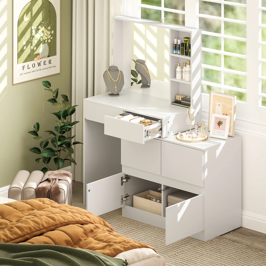 HOMCOM Τουαλέτα μακιγιάζ, τραπέζι μακιγιάζ με μεγάλο καθρέφτη, 4 συρτάρια, 3 ανοιχτά ράφια, 2 ντουλάπια, MDF, λευκό