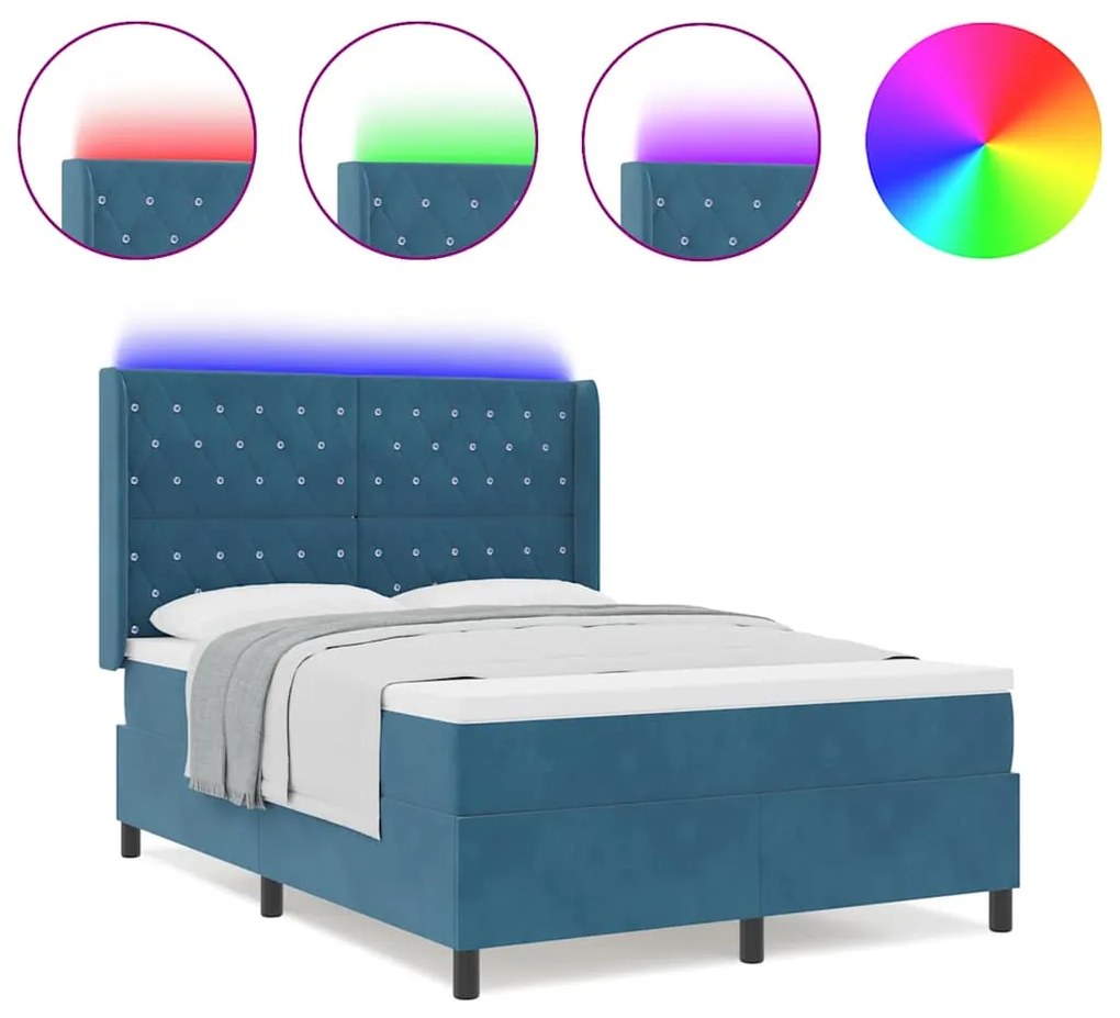 vidaXL Κρεβάτι Box Spring LED με Στρώμα Μπλε 140 x 190 cm Βελούδο