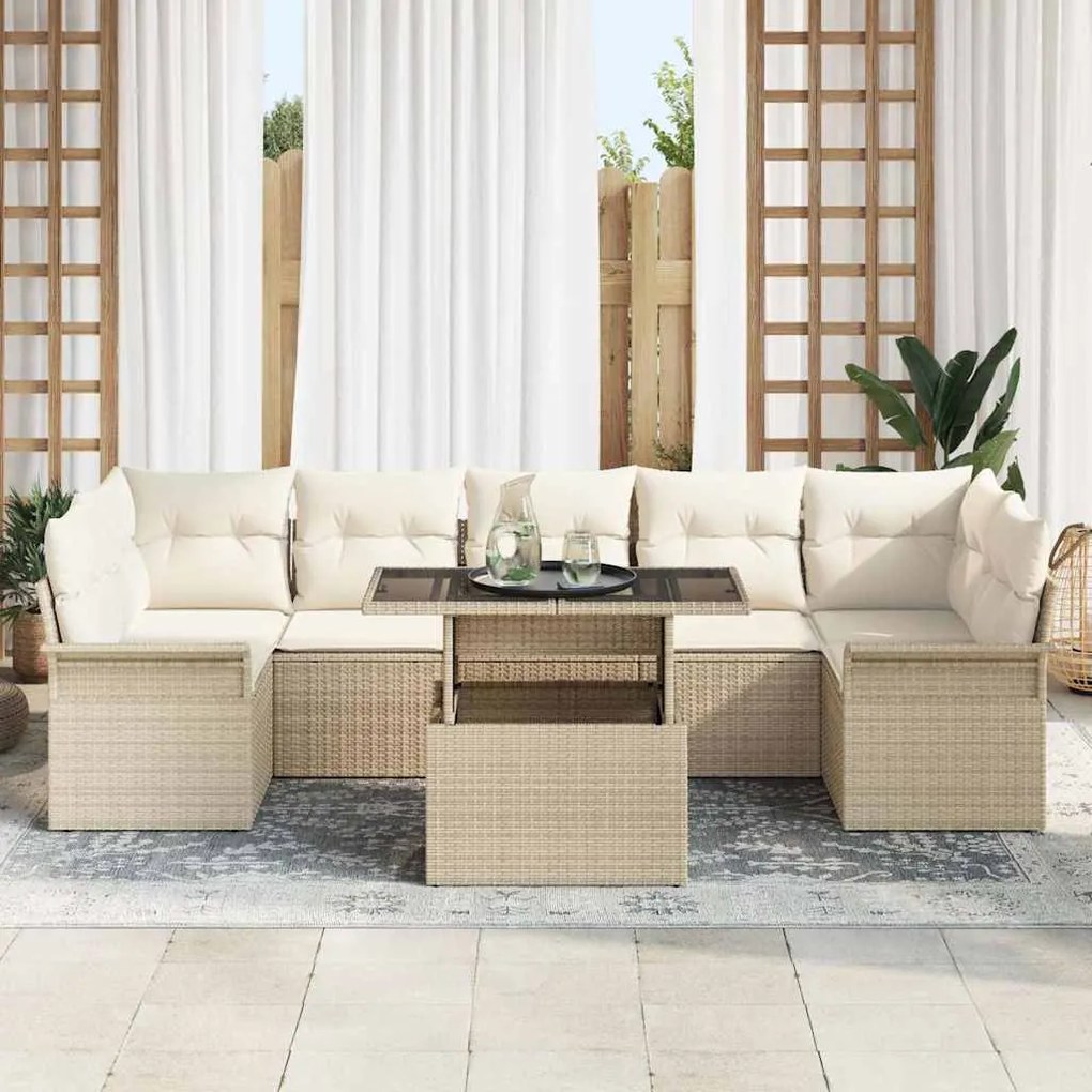vidaXL Σετ Καναπέ Κήπου με μαξιλάρι 8 pcs Μπεζ Πολυ ράταν