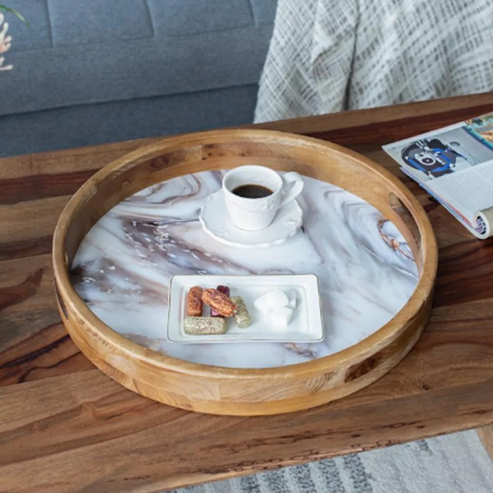 Artekko Trays Διακοσμητικός Δίσκος Ξύλινος με Εφέ Μαρμάρου Λευκό Καφέ (52x11x51)cm Σετ/2