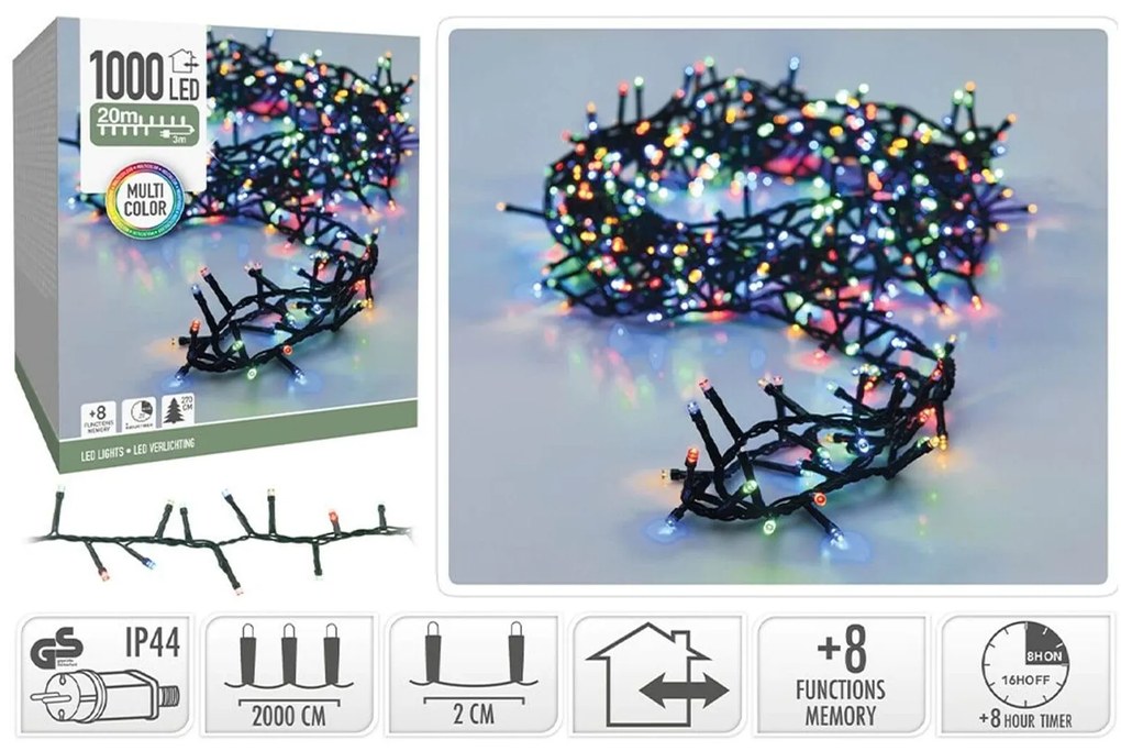 1000 Φωτάκια LED - 20 Μέτρα + 3 Μέτρα σύνδεσης , Κανονική Διάταξη, με χειριστήριο, 8 προγράμματα, Πράσινο καλώδιο PVC - Πολύχρωμο