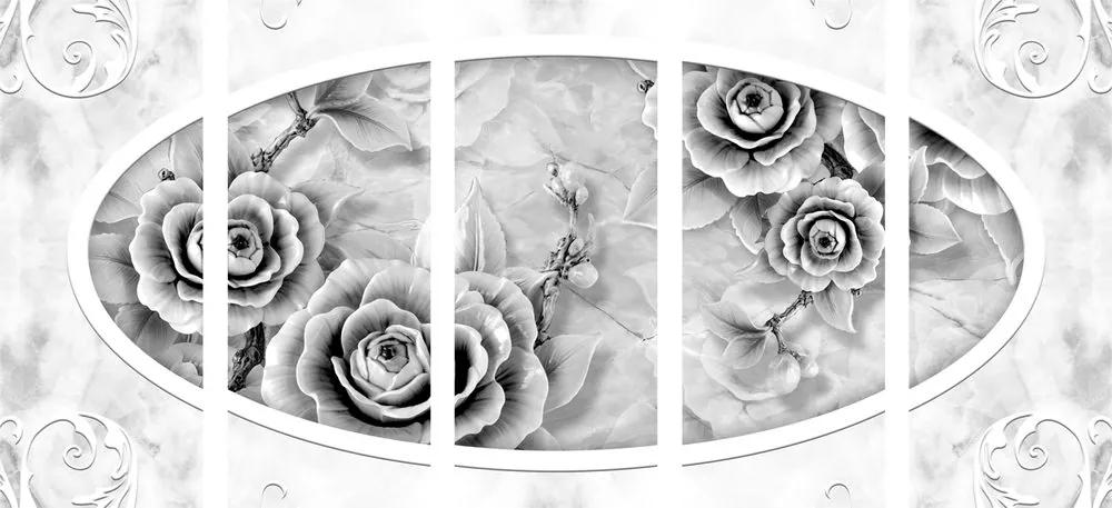Πέτρινα τριαντάφυλλα 5 τμημάτων σε μαύρο & άσπρο - 200x100