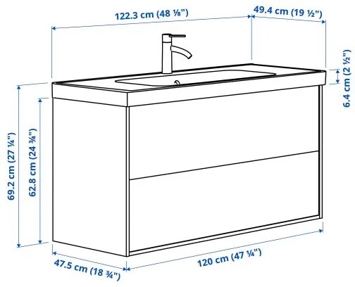 ANGSJON/ORRSJON βάση νιπτήρα με συρτάρια/νιπτήρα/μπαταρία, 122x49x69 cm 795.140.73