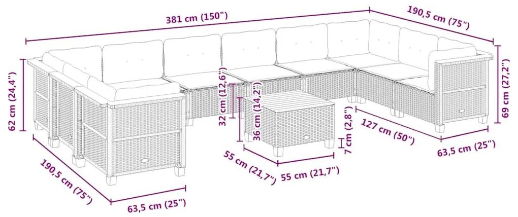 Σαλόνι Κήπου Σετ 11 τεμ. Μπεζ Συνθετικό Ρατάν με Μαξιλάρια - Μπεζ