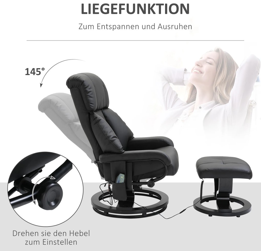 HOMCOM Πολυθρόνα Μασάζ με Υποπόδιο, 10 Σημεία Δόνησης, 145° Ρυθμιζόμενη Πλάτη, Μαύρο