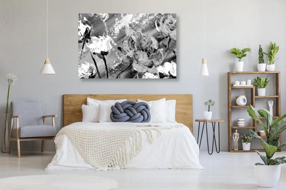 Εικόνα ζωγραφισμένα λουλούδια σε μαύρο & άσπρο - 60x40