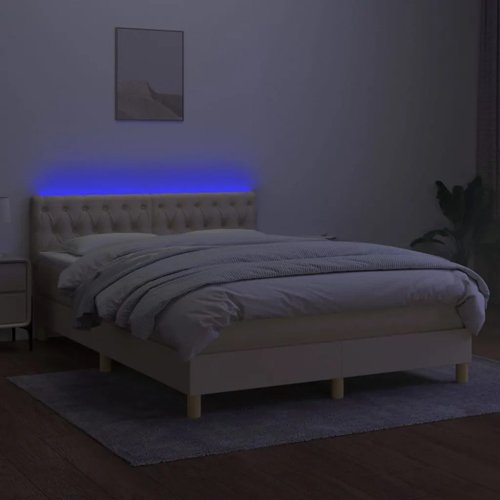 vidaXL Κρεβάτι Boxspring με Στρώμα & LED Κρεμ 140x190 εκ. Υφασμάτινο