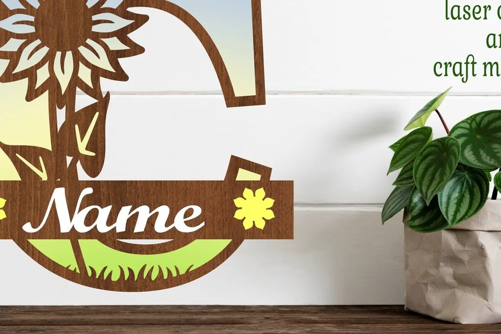 Σετ των 2 Intra απο ξύλο plywood 3mm-4mm πάχος – Μονόγραμμα ηλίανθου κεφαλαίο Γράμμα C Δίασταση  20x20 cm INTRAFABR-75965039