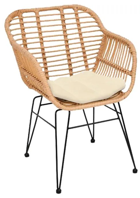 WOODWELL SALSA-W Πολυθρόνα Τραπεζαρίας Κήπου, Μέταλλο Βαφή Μαύρο, Wicker Φυσικό, Μαξιλάρι Εκρού 55x56x82cm Ε282,Κ2