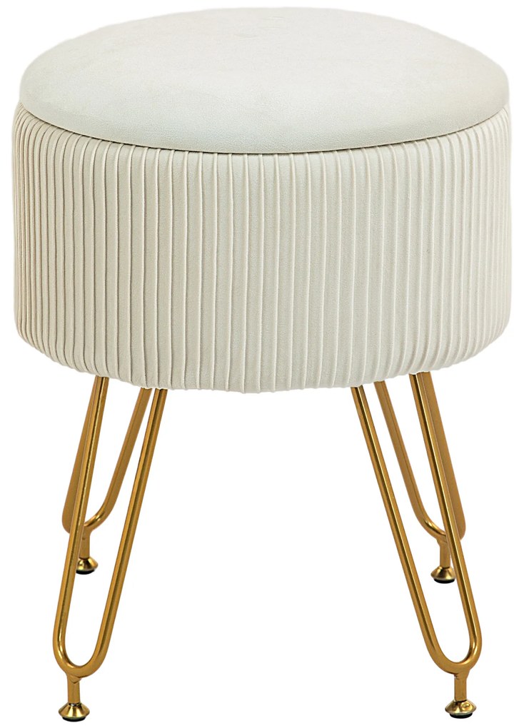 HOMCOM Σκαμπό Αποθήκευσης 2-σε-1 με Μεταλλικά Πόδια, Στρογγυλό Υποπόδιο για Σαλόνι, Υπνοδωμάτιο, Διάδρομο, Κρεμ Λευκό