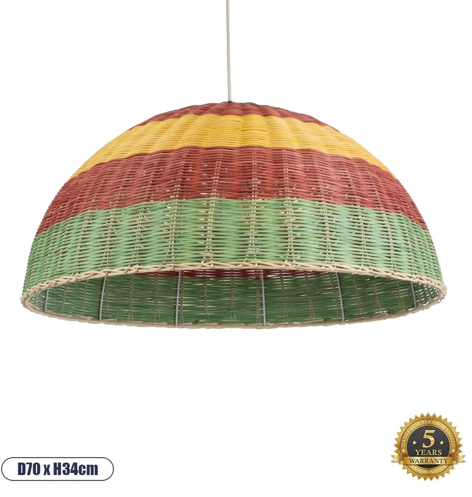 02061 GloboStar®  CABALLEROS 02061 Boho Κρεμαστό Φωτιστικό Καμπάνα Μονόφωτο 1 x E27 IP20 Πολύχρωμο Ξύλο - Μ70 x Π70 x Υ34cm