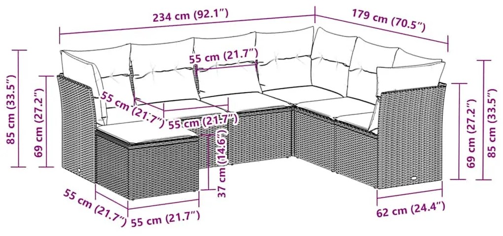 vidaXL Σαλόνι Κήπου Σετ 7 Τεμαχίων Γκρι Συνθετικό Ρατάν με Μαξιλάρια