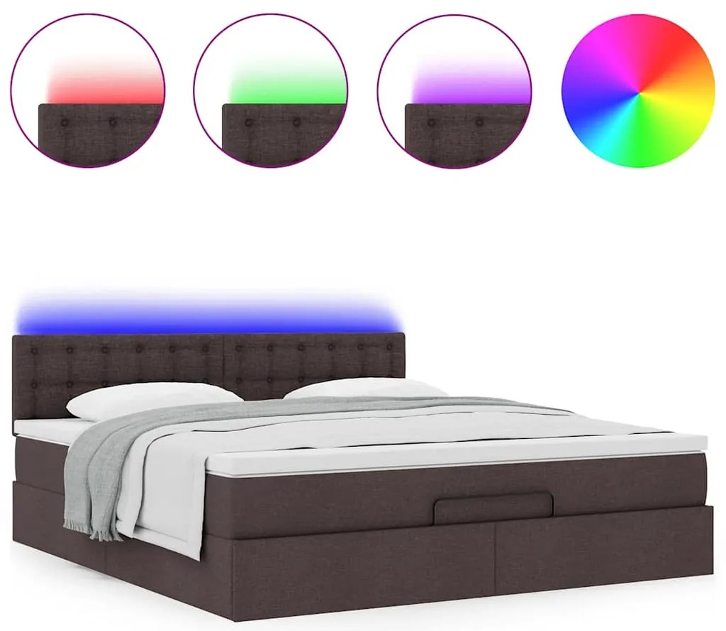 vidaXL Οθωμανικό κρεβάτι με στρώμα & LEDs Σκούρο καφέ 180x200cm ύφασμα