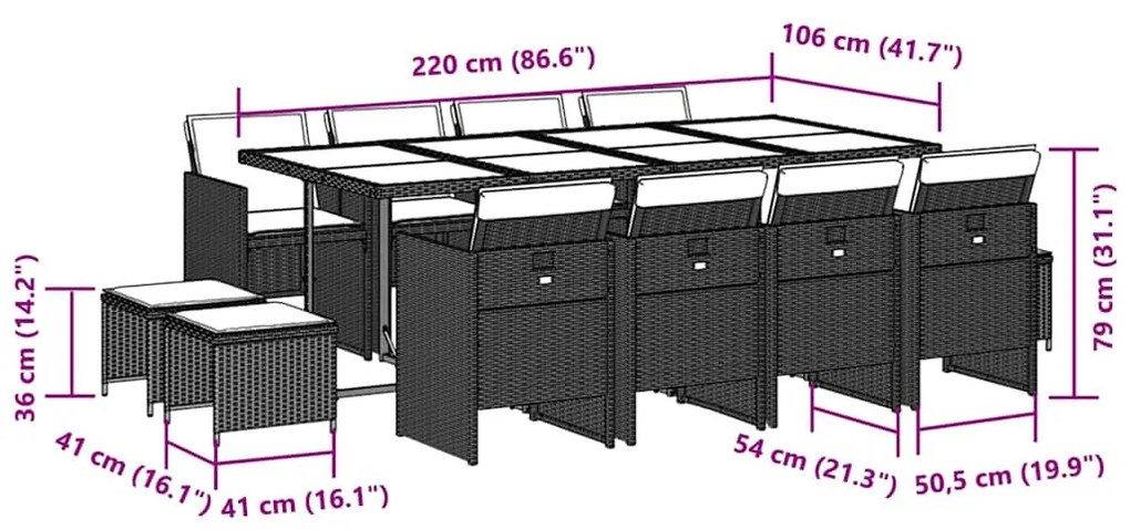 vidaXL Σετ Τραπεζαρίας Κήπου 13τεμ. Μαύρο από Συνθ. Ρατάν με Μαξιλάρια