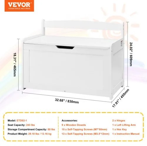 VEVOR Kids Toy Storage Bench Wooden Toy Box Chest 32.68 x 17.91 x 24.02&quot; White
