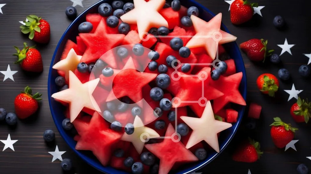 Intra Συλλεκτικό Ξύλινο Παζλ Plywood  4mm - Patriotic Fruit Bowl με Marshmallows σε σχήμα αστεριού και μπαλόνια Σε Ξύλινο Κουτί - Διαστάσεις: 10x10 cm – 25 κομμάτια