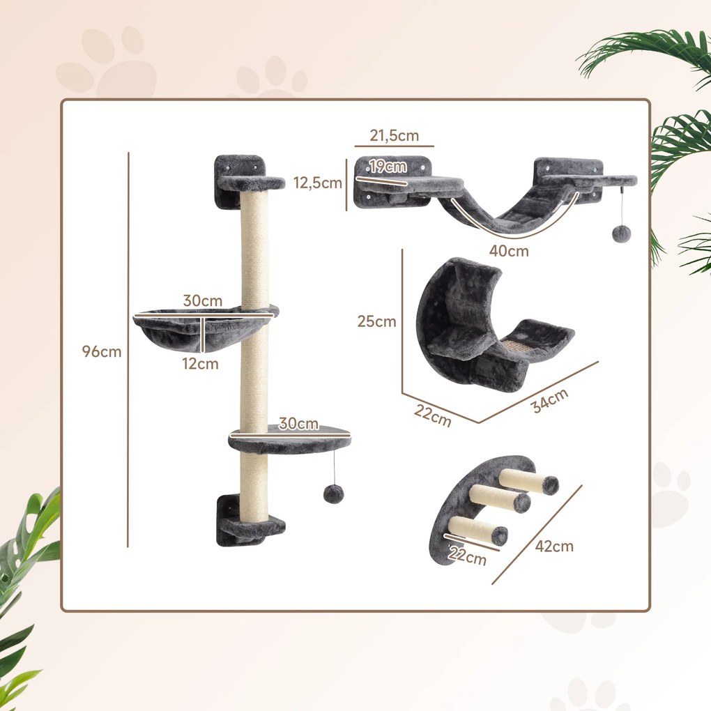 PawHut Τρίποδο για Γάτες 4 τεμαχίων Σετ Κρεβάτι για Γάτες με Αιώρα, Γέφυρα για Γάτες έως 5 kg, Σκούρο Γκρι