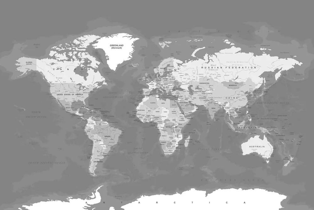 Εικόνα στο φελλό με κομψό vintage ασπρόμαυρο παγκόσμιο χάρτη - 120x80