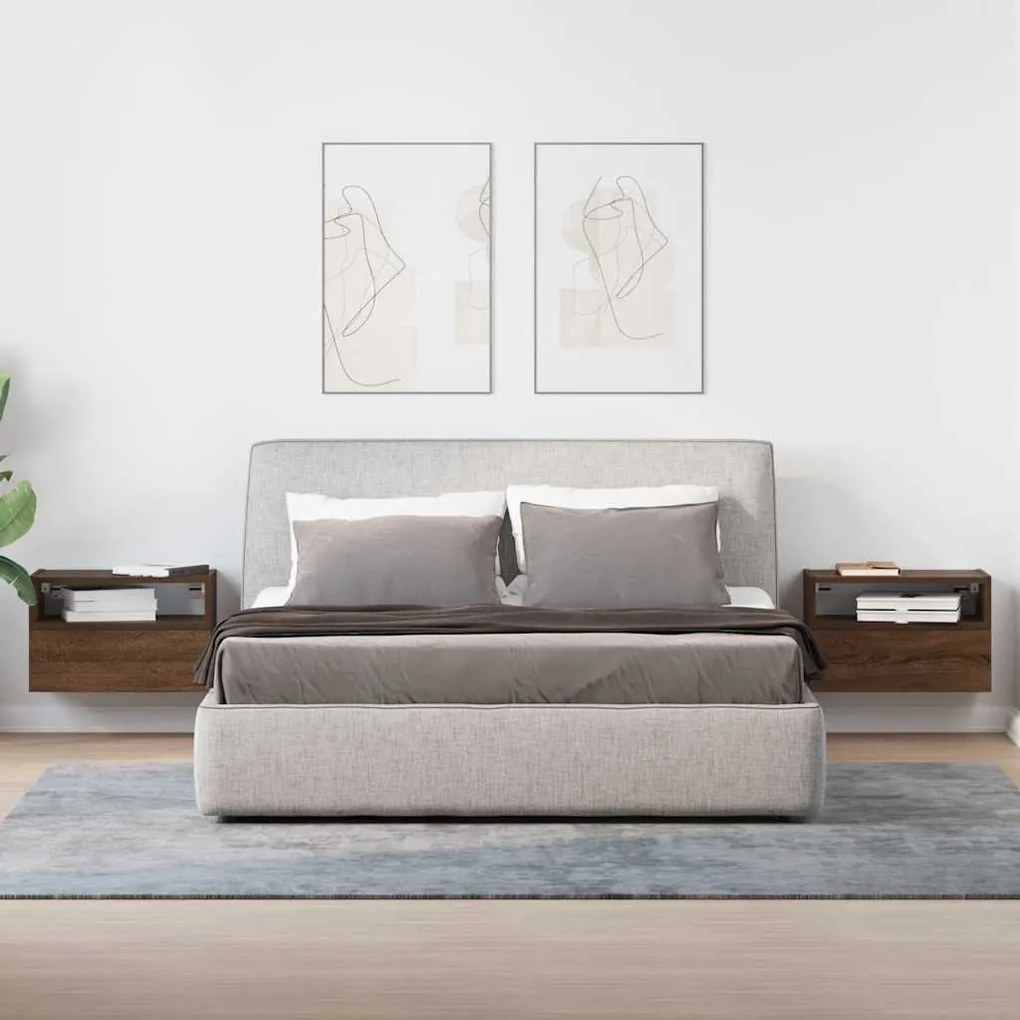Κομοδίνα Επιτοίχια 2 τεμ. Καφέ Δρυς 45x26x28,5 εκ. - Καφέ