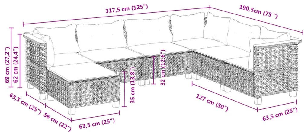 vidaXL Καναπές Σετ 7 Τεμαχίων Μαύρο Συνθετικό Ρατάν με Μαξιλάρια