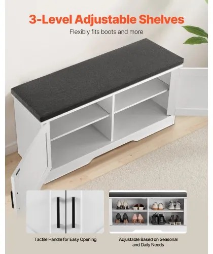 VEVOR Shoe Storage Bench, 1000 x 355 x 460 mm Shoe Organizer with Padded Seat Cushion, Entryway Bench with 2 Barn Doors and Height Adjustable Shelf, for Hallway, Living Room, Bedroom, White + Black