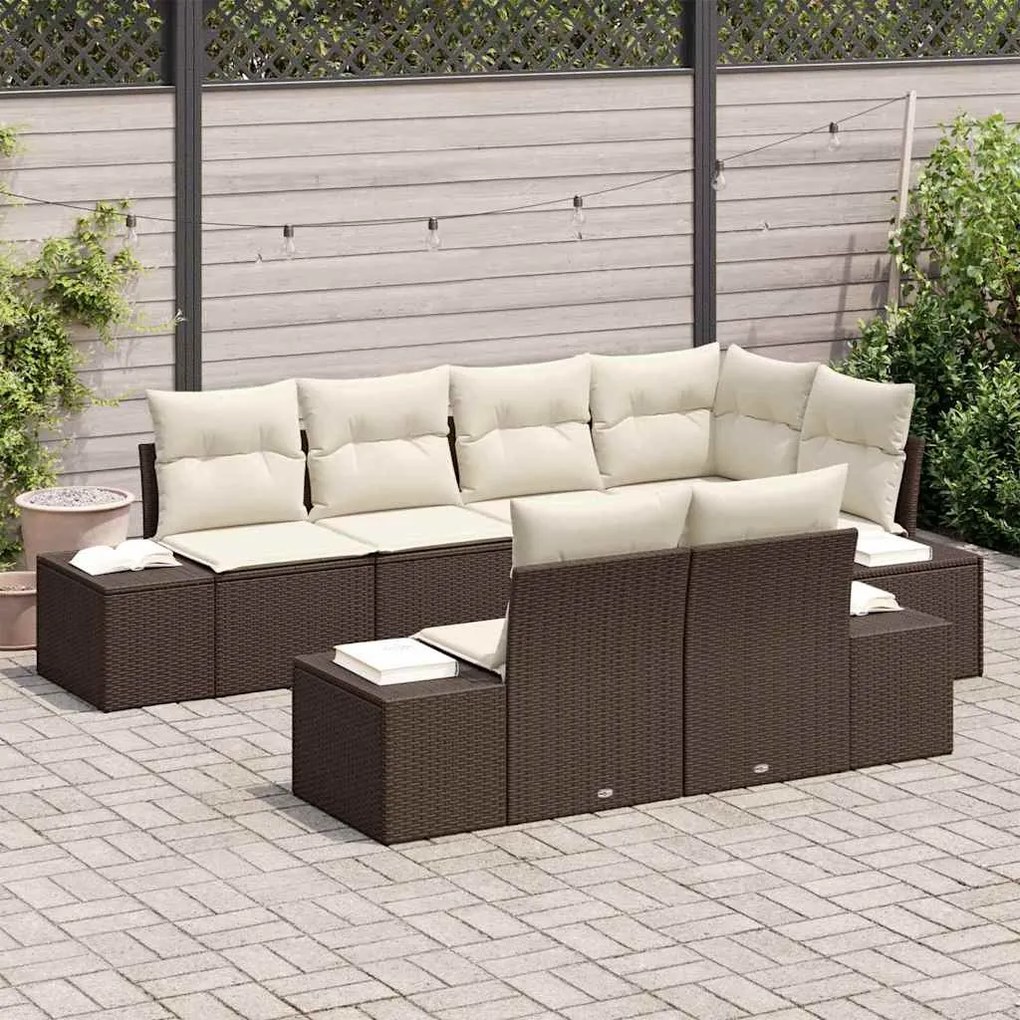 vidaXL Σετ Καναπέ Κήπου με μαξιλάρι 7 pcs Καφέ και Κρέμα Πολυ ράταν