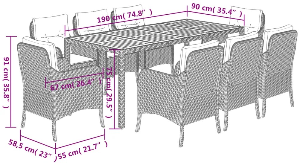 vidaXL Σετ Τραπεζαρίας Κήπου 9 τεμ. Γκρι Συνθ. Ρατάν με Μαξιλάρια