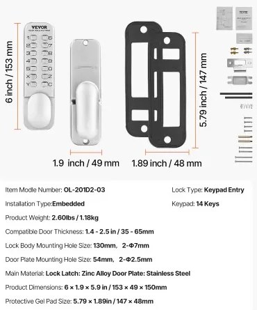 VEVOR Mechanical Keyless Entry Door Lock 14 Key Mechanical Keypad Door Knob Home