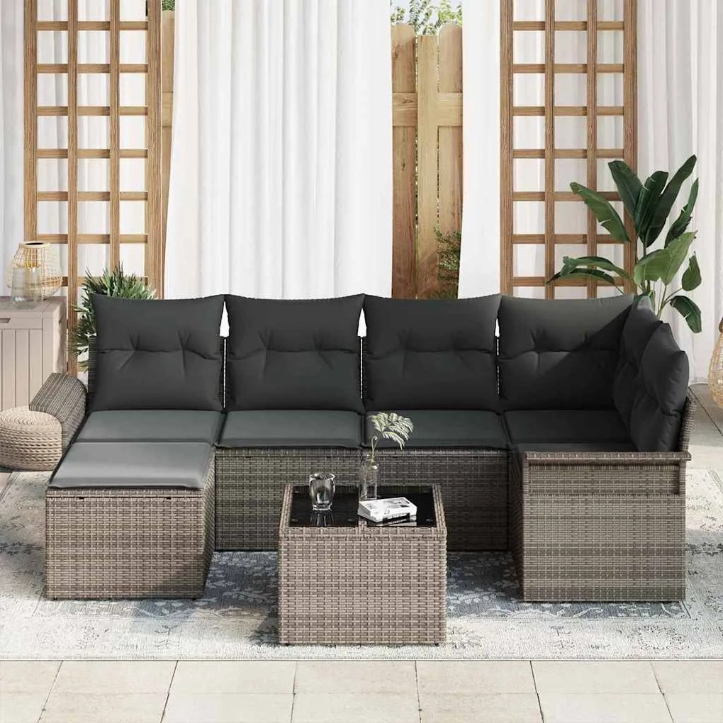 vidaXL Σετ Καναπέ Κήπου με μαξιλάρι 7 pcs Γκρι Πολυ ράταν