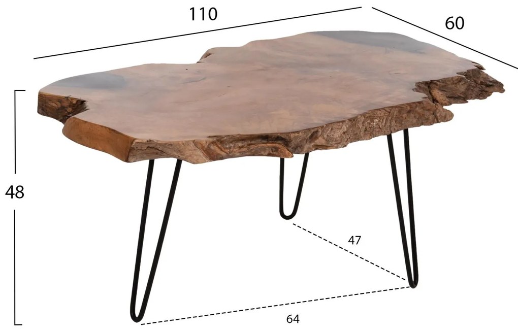 Τραπεζάκι σαλονιού GLAZE Ξύλο TEAK σε Φυσικό και Μαύρα Μεταλλικά πόδια 110x60x48Υεκ. 110x60x48 εκ.