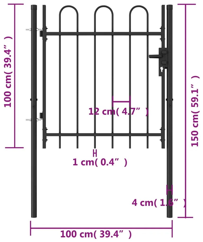 vidaXL Καγκελόπορτα Μονή με Αψιδωτή Κορυφή Μαύρη 1 x 1 μ. Ατσάλινη