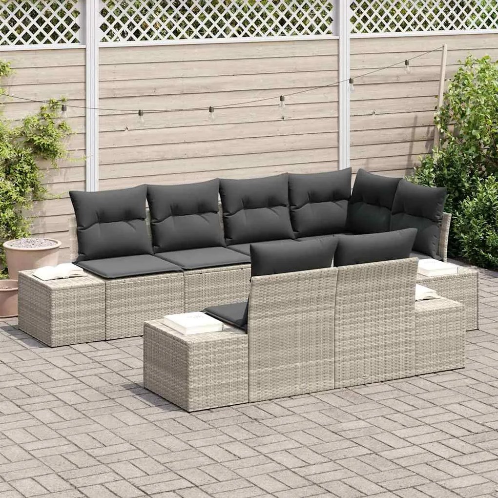 vidaXL Σετ Καναπέ Κήπου με μαξιλάρι 7 pcs Ανοιχτό γκρι Πολυ ράταν